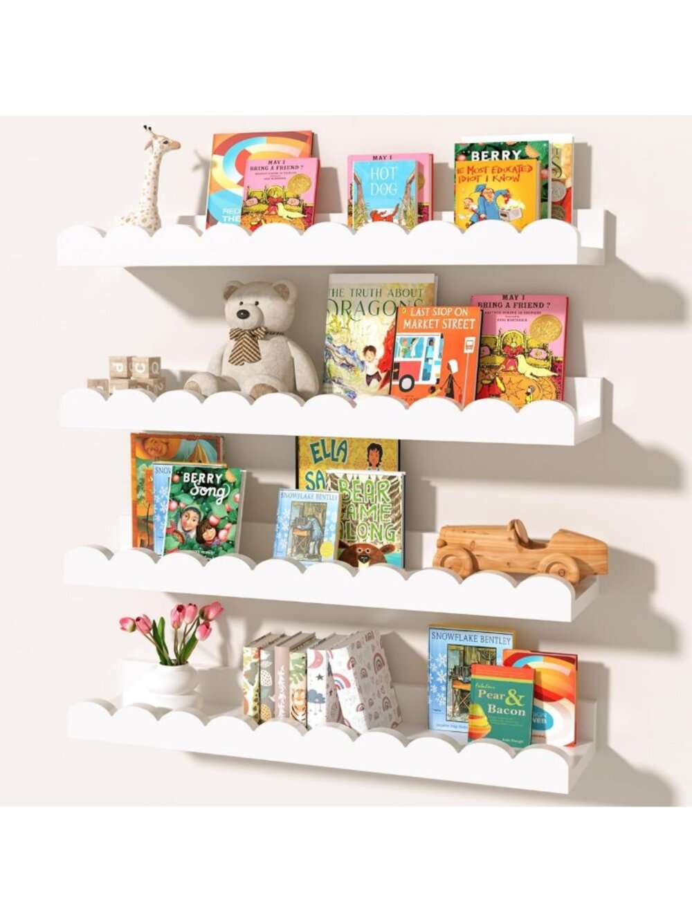 4-Pack White Scalloped Floating Wall Shelves for Kids Room & Nursery Decor